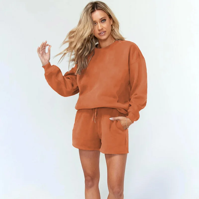 

Cross-border Europe and America Amazon Solid color ribbed round neck fleece women's side pocket shorts casual long-sleeved sweat