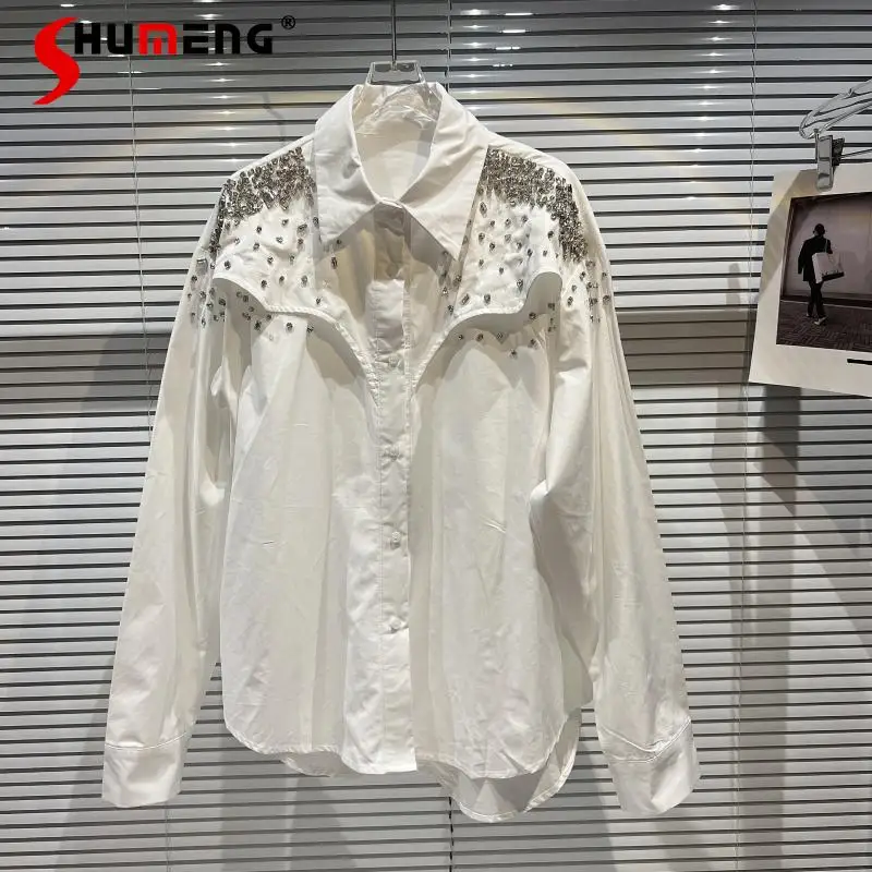 Women-blouse 2022 Spring New Heavy Shoulder Particle Rhinestone Beaded Long Sleeve Shirt Women's Fashion White Bottoming Tops