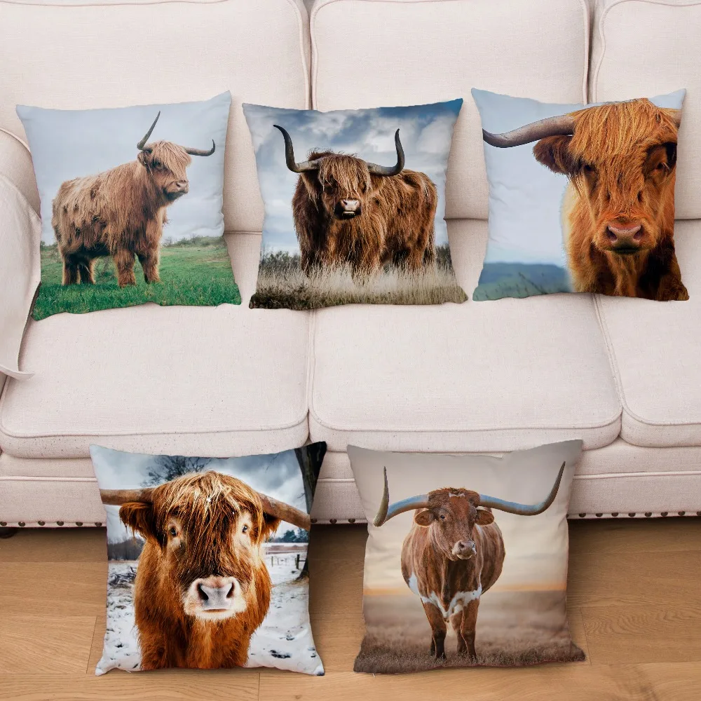 

Super Soft Short Plush Cushion Cover Highland Cattle Cow Print Pillow Covers 45*45cm Square Pillows Cases Home Decor Pillowcase