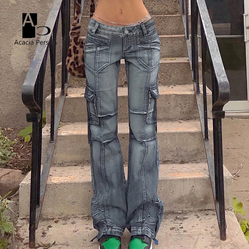 

New Women Jeans Low Waisted Pockets Trousers Baggy Casual women Denim Cargo Pants Women Straight Hot Korean Jeans 90s