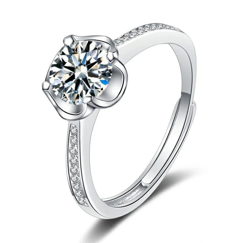 

European Cross-border S925 Silver Single Row Diamond Four-breasted Clover Moissanite Ring Flap Adjustable Ring Wedding Ring