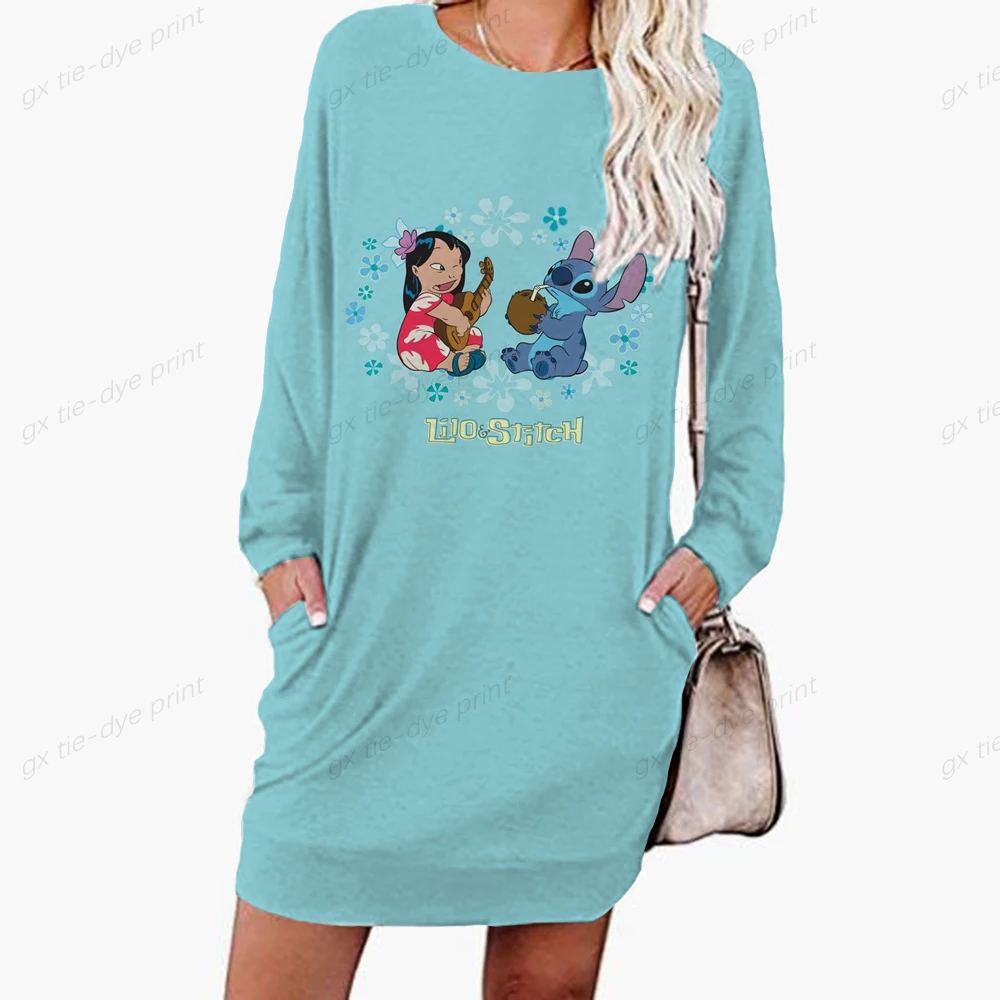 

Disney Stitch Print Women's Sweater Dress 3D Dye Print Fashion Fall Winter Hoodie Casual Sexy Dress Loose Street Fashion Dress