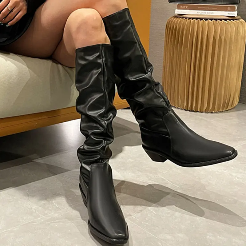 

New Fashion Goth Knee High Long Boots Women Shoes Gladiator Winter 2022 Chunky Low Heels Dress Pumps Knight Boots Mujer Boots