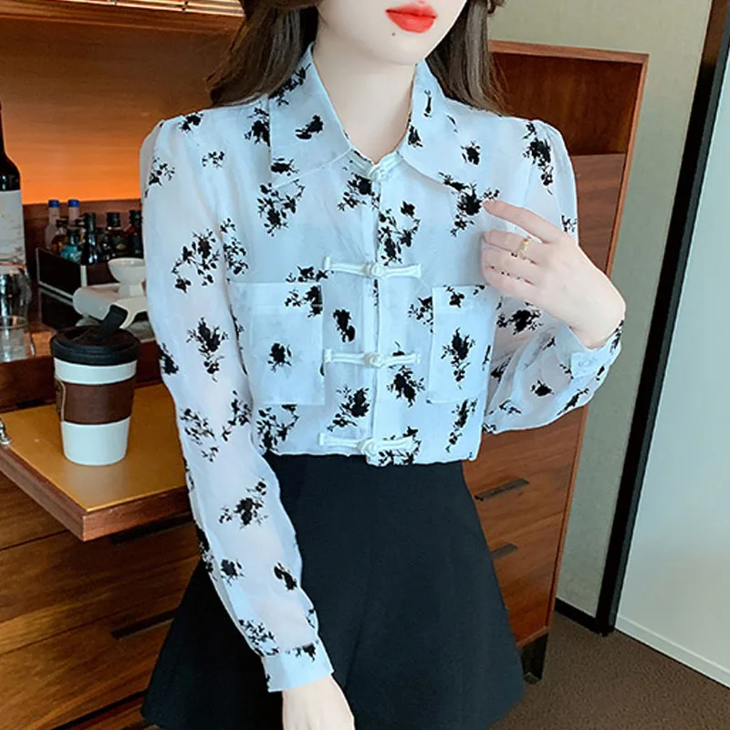 Модная женская рубашка с длинным рукавом и принтом шифоновая отложным