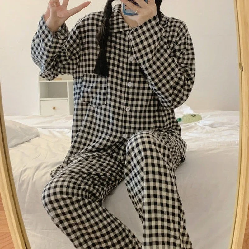 QWEEK Apricot Black striped plaid pajams pj sets for women spring autumn home clothes girls sleepwear pyjamas cute pijamas