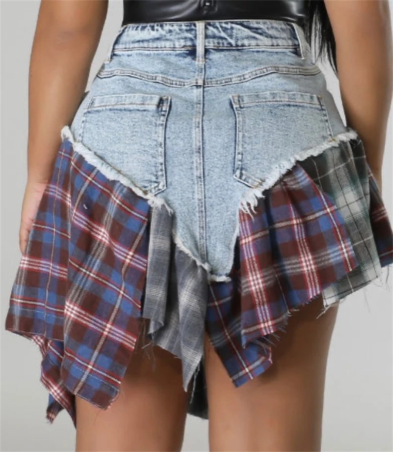 Plaid Patchwork Ruffles Jeans Skirts Shorts Women Summer High Waist Button Fly Pockets Fashion Casual Culotte Streetwear
