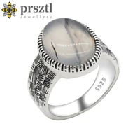 prsztl vintage natural white agate stone rings for men classic elegant male ring with turkish handmade thai silver jewelry gift
