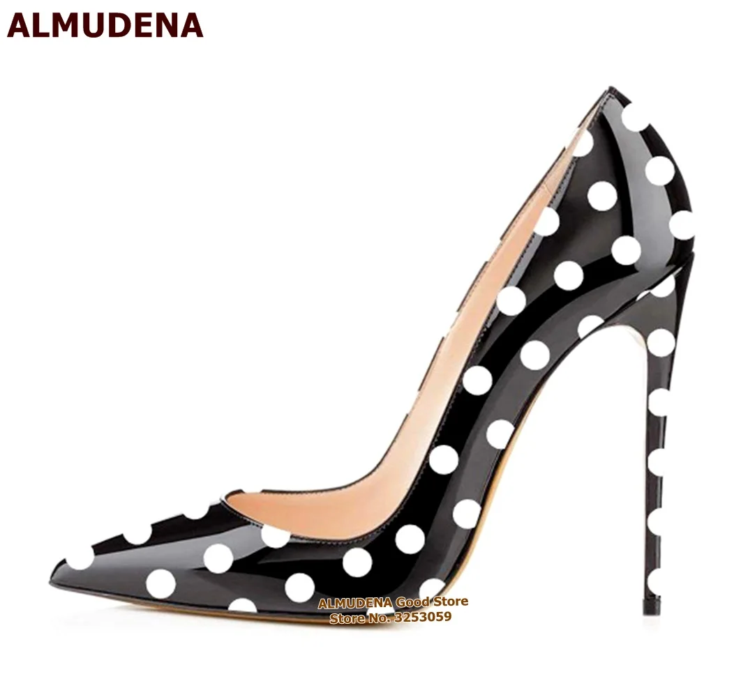 ALMUDENA Black/White Patent Leather Polka Dots High Heels 12cm 10cm 8cm Stiletto Heels Pointy Toe Classy Pumps Slip-on Shallow