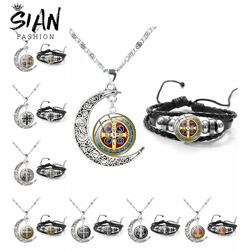 

New Jesus Catholic San Benito Jewelry Set Saint Benedict Medal Necklace Bracelet Sets Glass Dome Moon Pendant Women Men Bangles