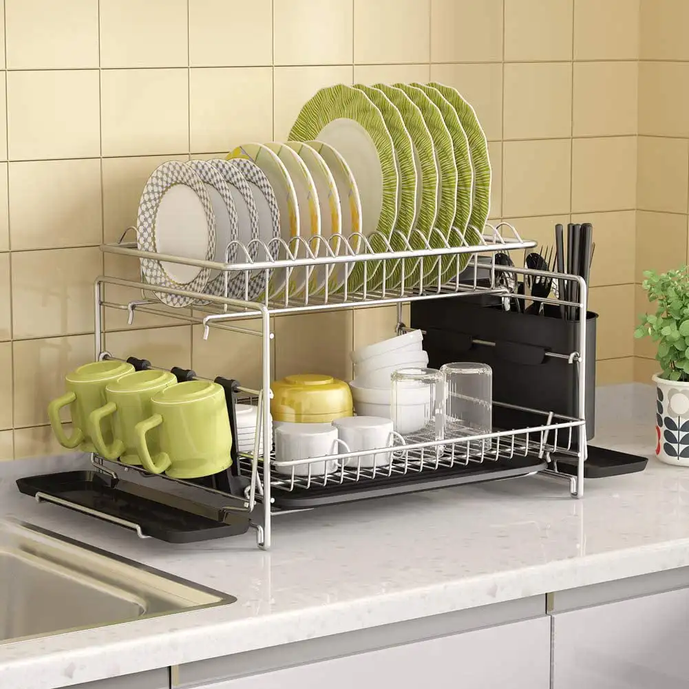 

Dish Drying Rack, 2 Tier Large Kitchen Dish Rack with Removable Drainboard, Utensil Holder and Cup Holder, Rustproof Nano Coatin