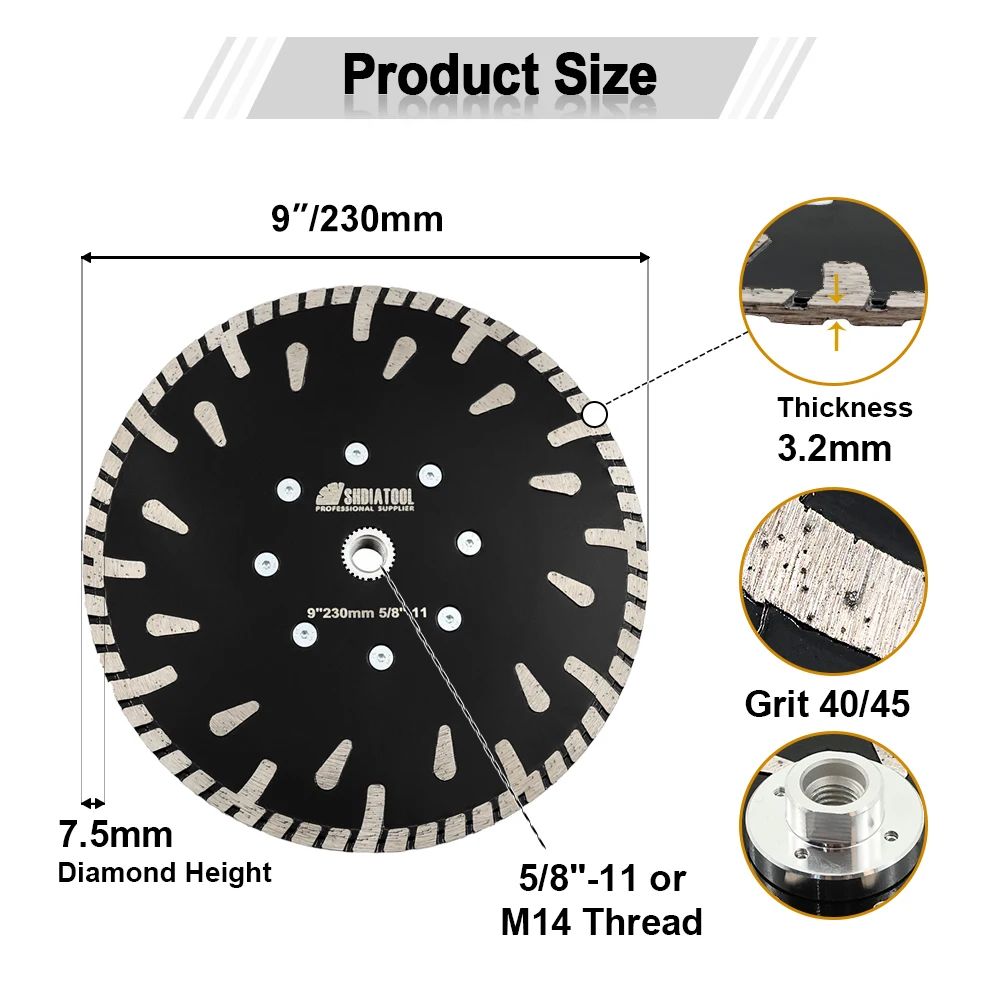 

Алмазный пильный диск SHDIATOOL, диск М14/5/8-11 с фланцем горячего прессования для резки бетона, кирпича, гранита, мрамора, 1 шт.