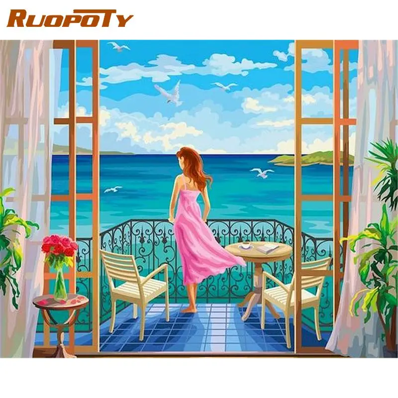 

RUOPOTY 60x75cm Painting by numbers Handpainted Number painting Window Girl DIY Paint by numbers Adults crafts Home decor