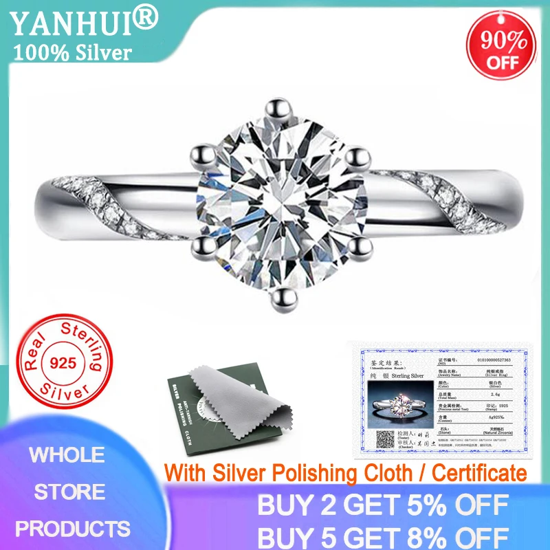 

YANHUI With Certificate 6mm 1.0CT Lab Moissanite Diamond Ring Tibetan Silver S925 Fashion Jewelry Wedding Rings for Women R363