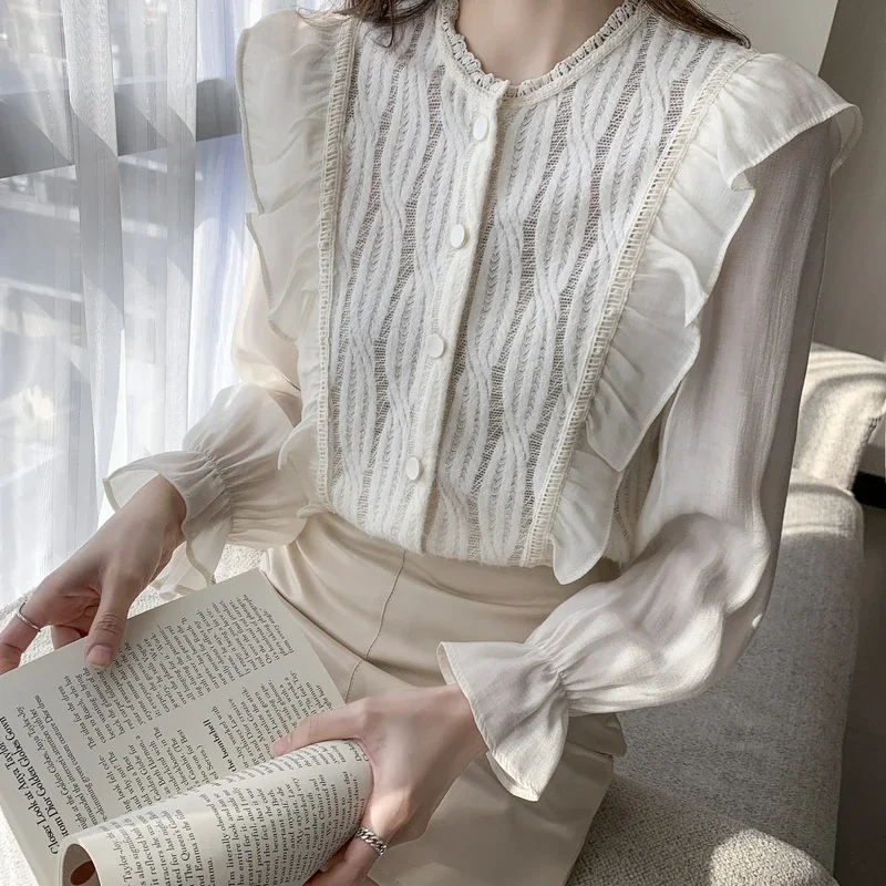 Модная кружевная женская рубашка с длинным рукавом и круглым вырезом оборками