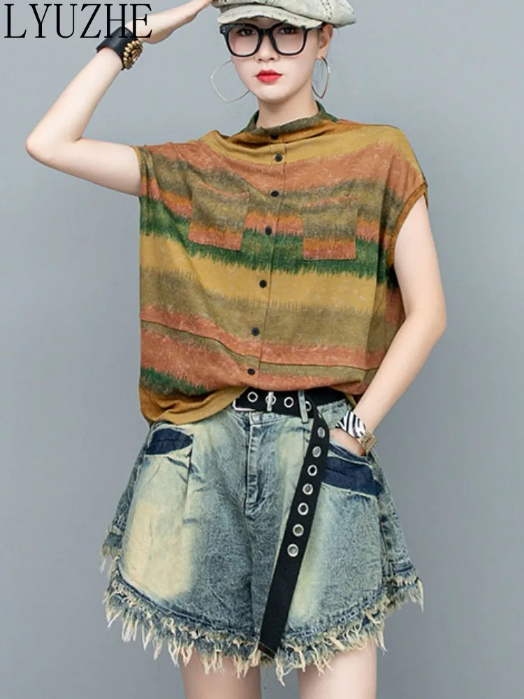 

LYUZHE Contrast Color Loose Short Sleeve T-shirt + Wide Leg Shorts Two Piece Set Women 2023 Summer Fashion Matching Set ZXF668A