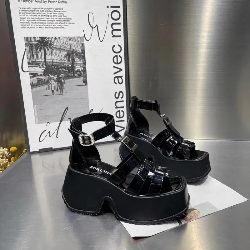 Summer Women Shoes Apricot Black Genuine Leather Roman Sandals Buckle Strap Open-Toe Thick High Heels Casual Lady Sandal