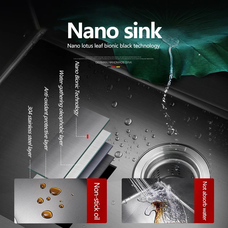 304 Stainless Steel Kitchen Sink Black Nano Thicken Hand-Made Vegatable Basin With Faucet Drain Accessories |