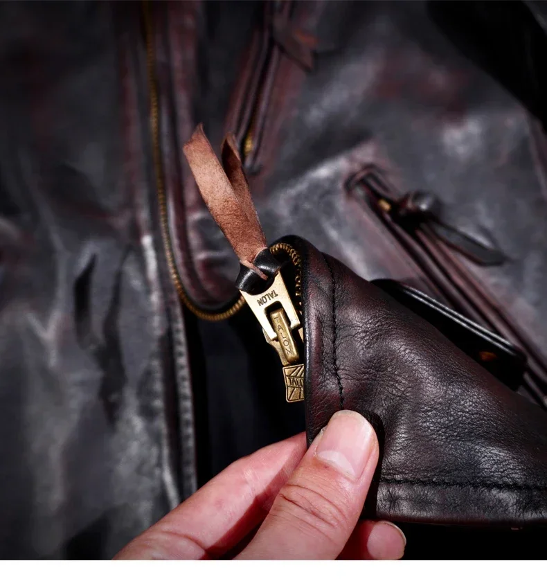 Blunt Razor Men's Biker Jacket Tea Core Horse Leather Washed Aged Stand Collar Tom Hardy Classic Venom Vintage