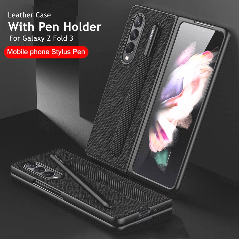 Leather Pen Slot Holder Case For Samsung Galaxy Z Fold 3 5G Cover With Mobile Phone Touch Stylus Pen For Z Fold3 5G