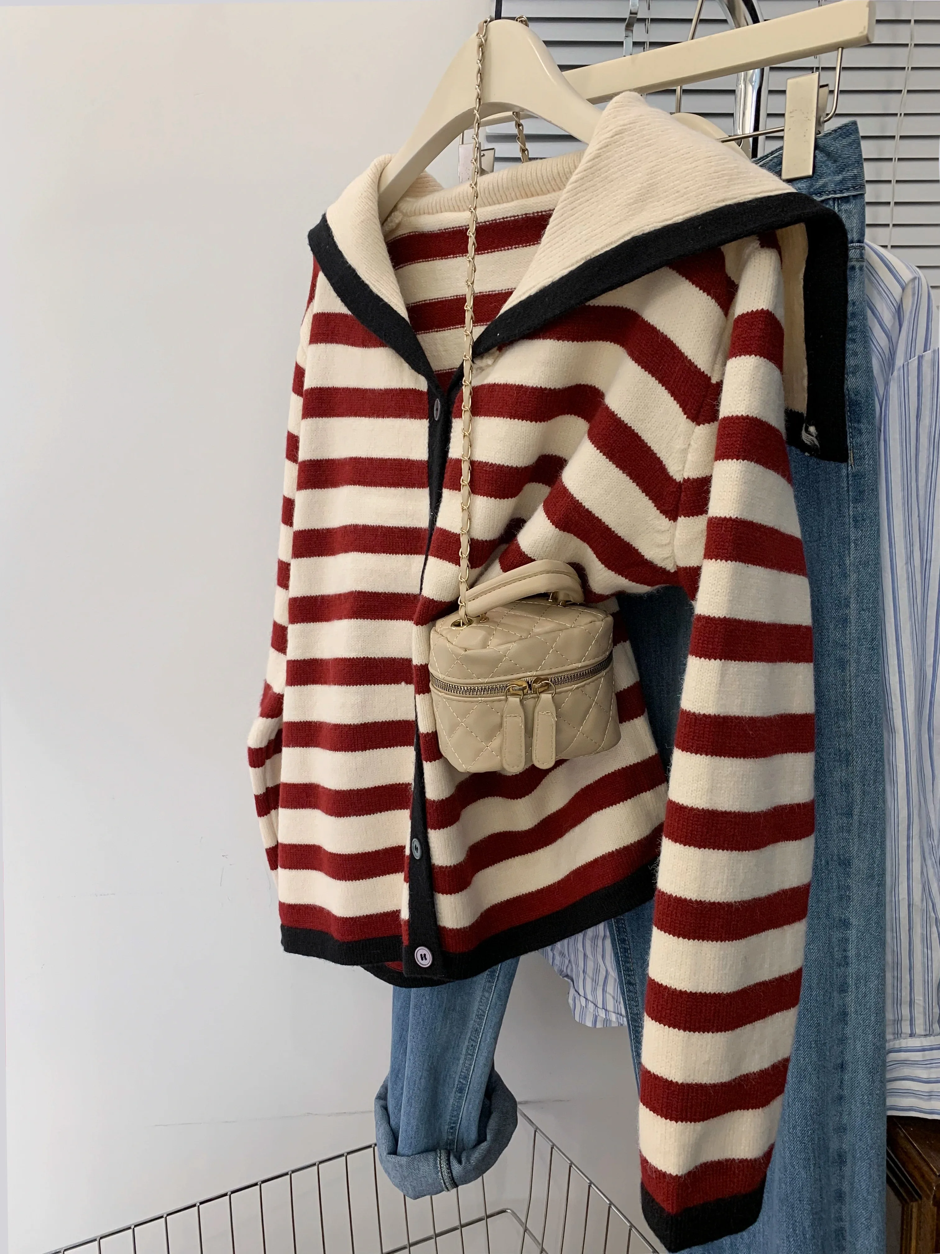 Sailor Collar Stripe Raccoon Velvet Sweater Cardigan Women Autumn and Winter Lapel Knitted Outerwear Idle Sle 2023 New