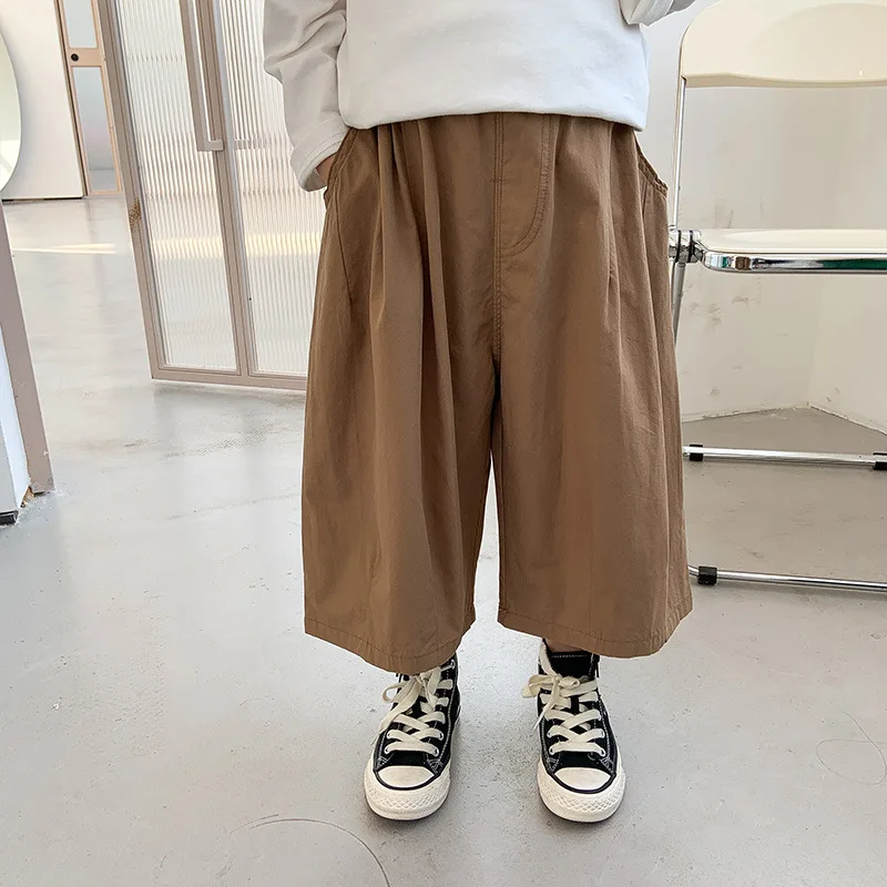 

Summer new Boys solid loose wide leg pants Kids cotton thin ankle length pants