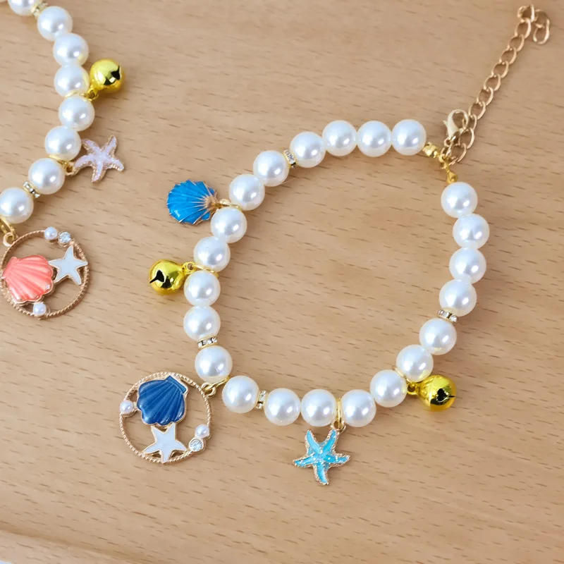 

Summer Shell Pendant Decoration Cat Collar Personalized Bell Pearl Necklace Cute Pet Gift For Kitten Dog Chic Puppy Accessories