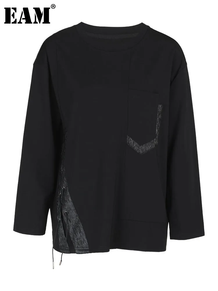 

[EAM] Женская Черная Повседневная футболка с бандажным карманом большого размера, новая модная футболка с круглым вырезом и длинными рукавами, весна-осень 2023 1DF651301