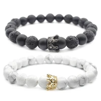 crown zircon metal accessory bracelet for women girl white turquoise beads volcanic beads couple bracelets set
