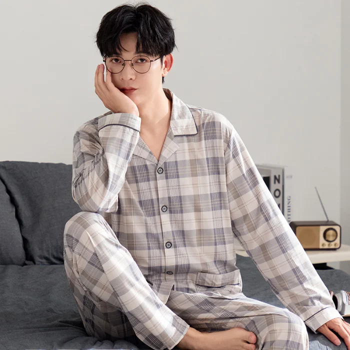 Мужские пижамы хлопковые осенние брюки с длинным рукавом кардиган на весну и