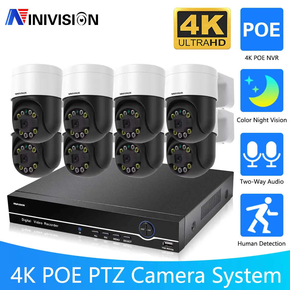 

10CH 8CH 4K 8MP Cctv Security POE PTZ Camera System Home Video Surveillance Kit Outdoor Ip Camera Humanoid Detection Color Night