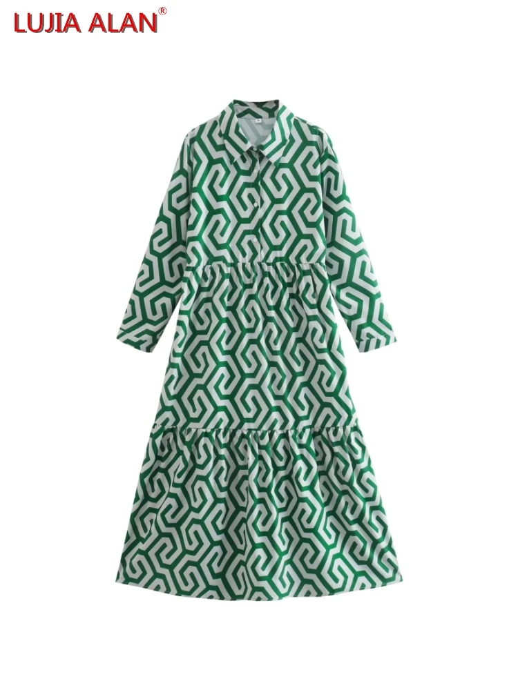 Geometric Printing Turndown Collar Women Shirt Dress Autumn Female Nine Quarter Sleeve Loose Midi Vestidos LUJIA ALAN WD173