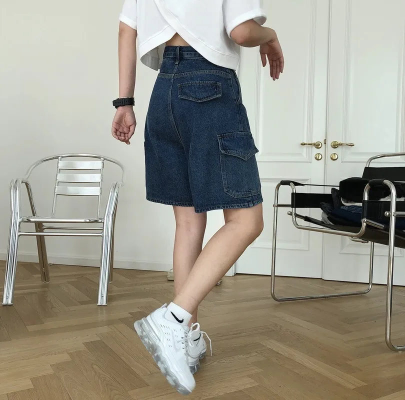 2023 Summer New Street Fashion Women High Waist Blue Denim Y2K Pocket Straight Shorts Loose Wild Five-point Solid Shorts Women