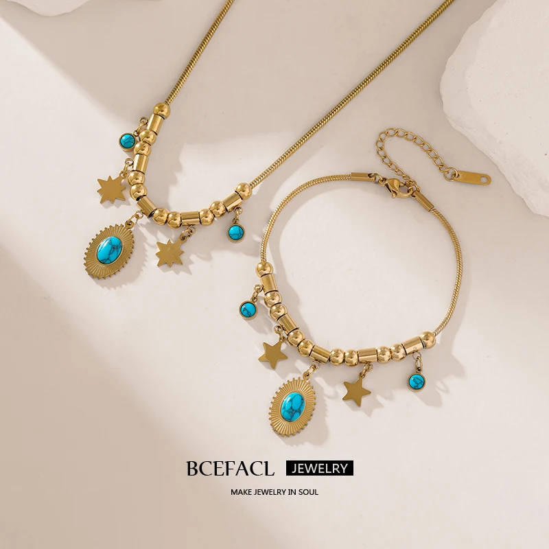 

BCEFACL 316L Stainless Steel Oval Green Stone Charm Necklace Earrings For Women Girl Vintage Bohemia Jewelry Set Birthday Gift