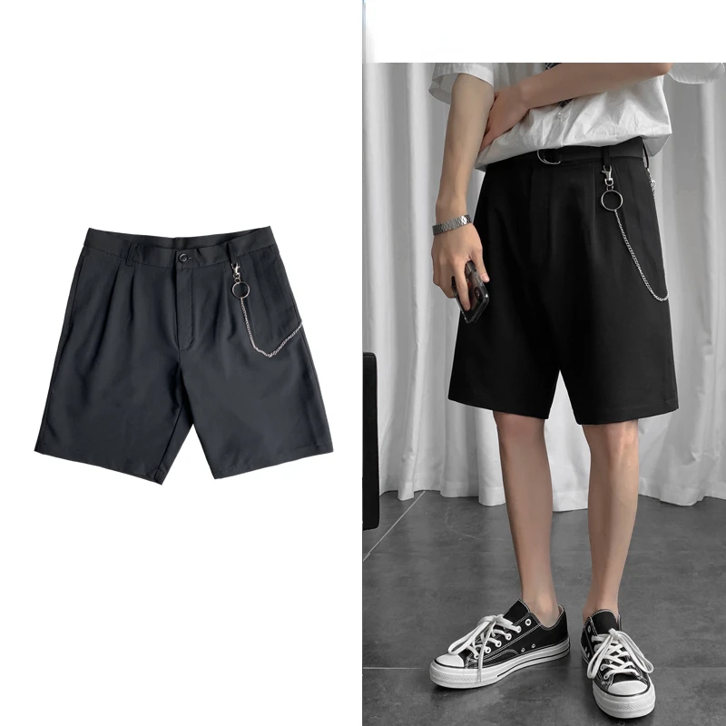 

NEW IN Men Korean Fashions Shorts Free Chain 2022 Summer Design Kpop Streetwear Punk Pants Male Casual Black Loose Shorts