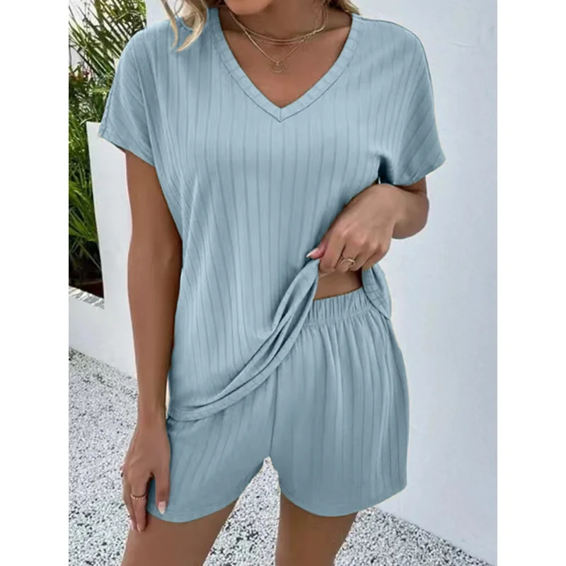 Women's Summer Shorts Set 2023 New Sexy V-Neck Solid Color Casual Loose Pullover Fashion Plus Size Two Piece Home Pajama T-Shirt