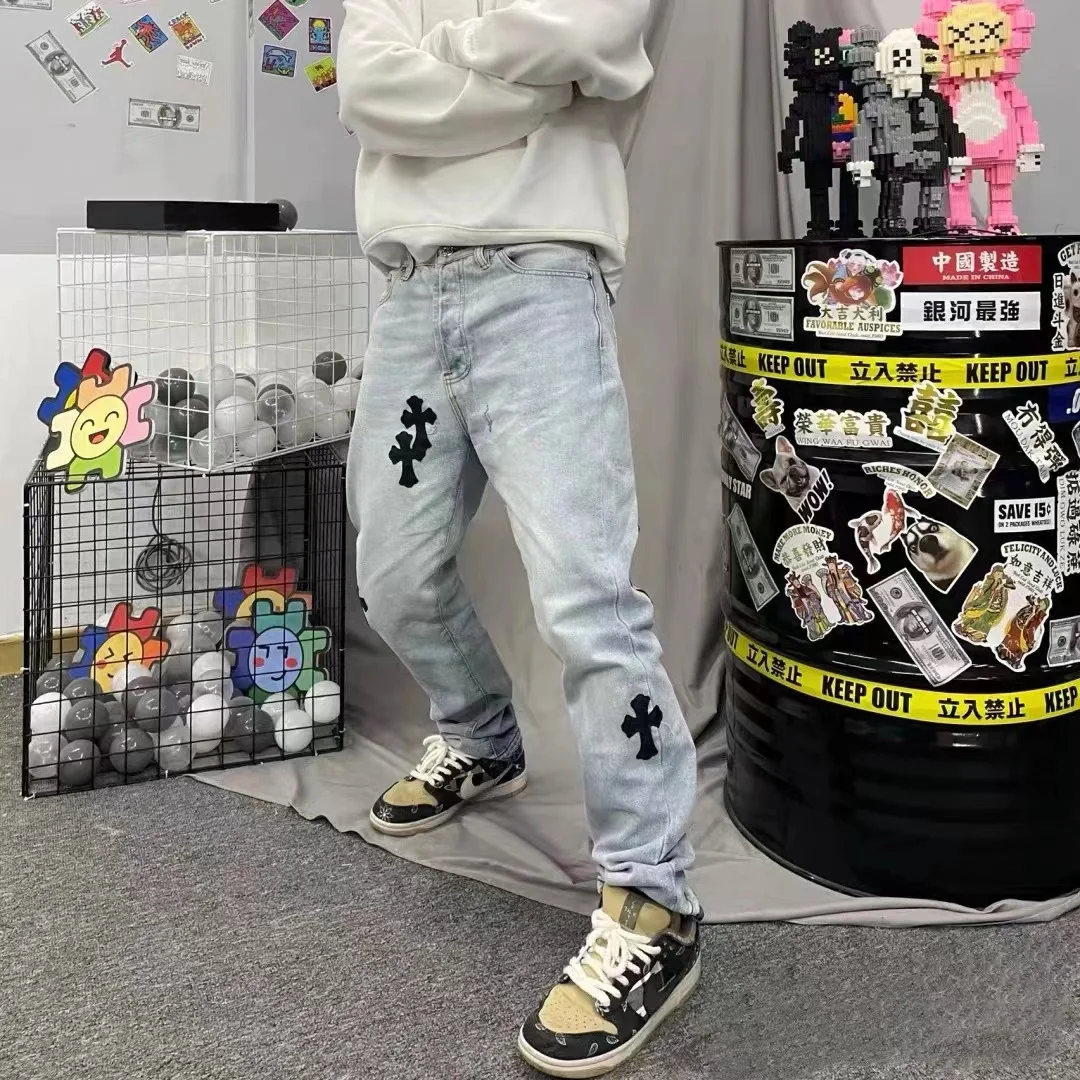 Summer Men's Leather Cross Jeans Loose Print Solid Color High Street Embroidery Pants Cotton Breathable Soft Elastic 2024 Luxury