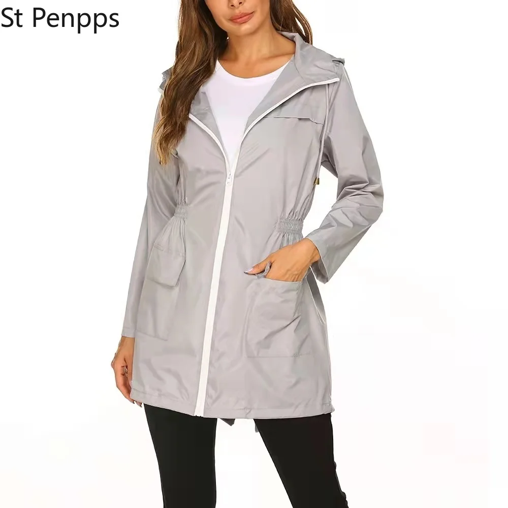 Женская ветровка дождевик Базовый стиль на молнии с карманами длинным рукавом