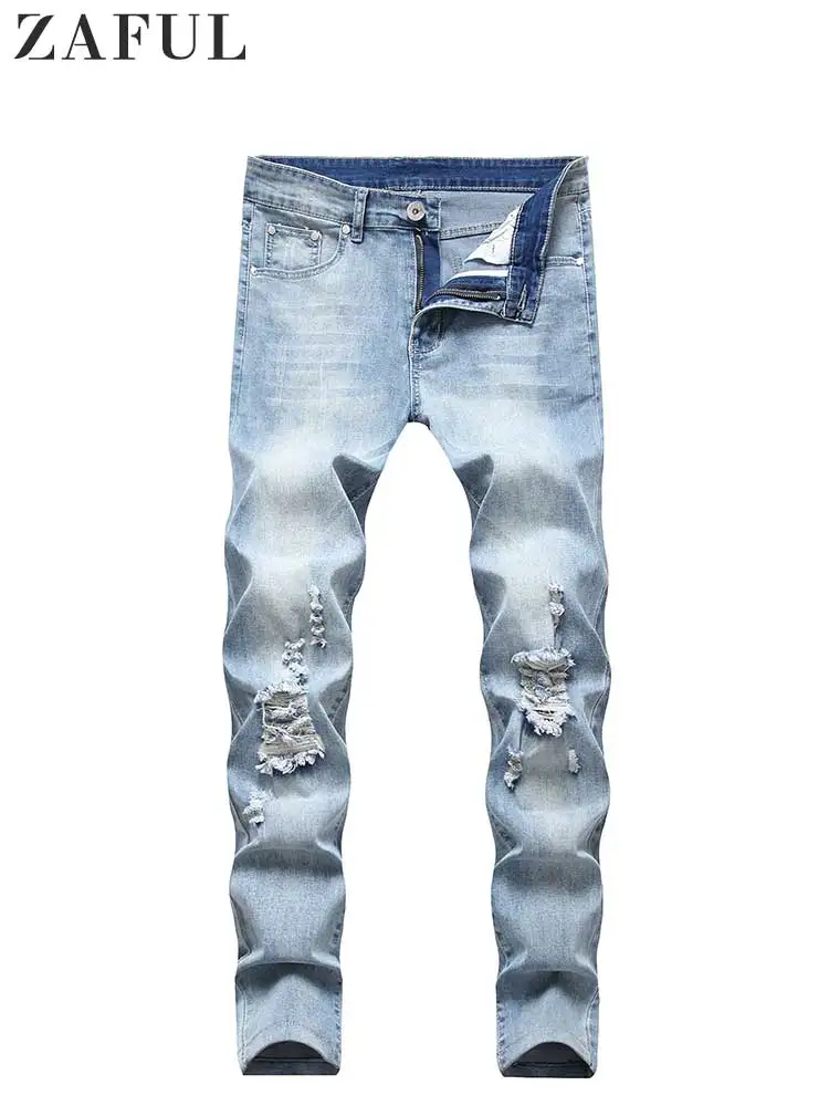 

ZAFUL Men's Jeans Mid-waist Slim Fitted Jeans Casual Ankle-length Pants Zipper Denim Ripped Frayed Holes Trousers with Pocket