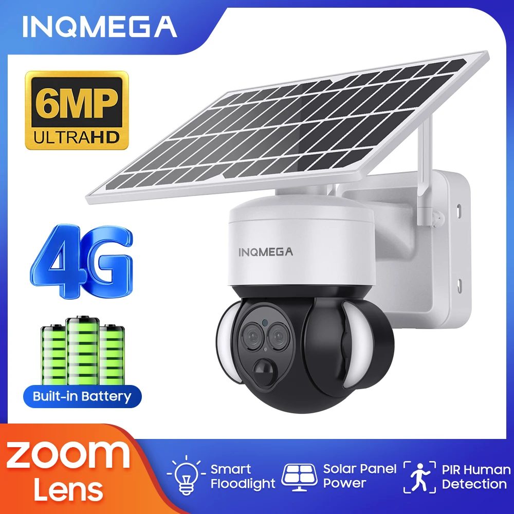 INQMEGA 4K 8MP Solar Camera 12X Zoom Outdoor 4G/Wifi Camera  Daul lens Solar Battery Floodlight PTZ Camera Humanoid Security Tra