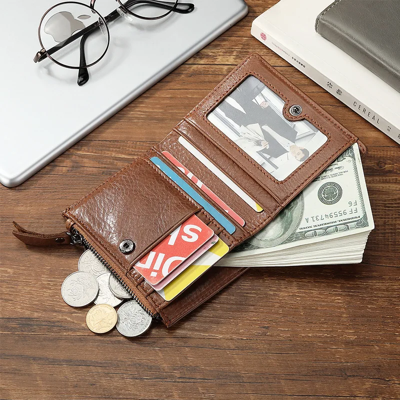 Double Zipper DFID Multifunctional Retro Wax Leather Wallet Leather Men's Bag Short Wallet First Layer Cowhide Men Wallet