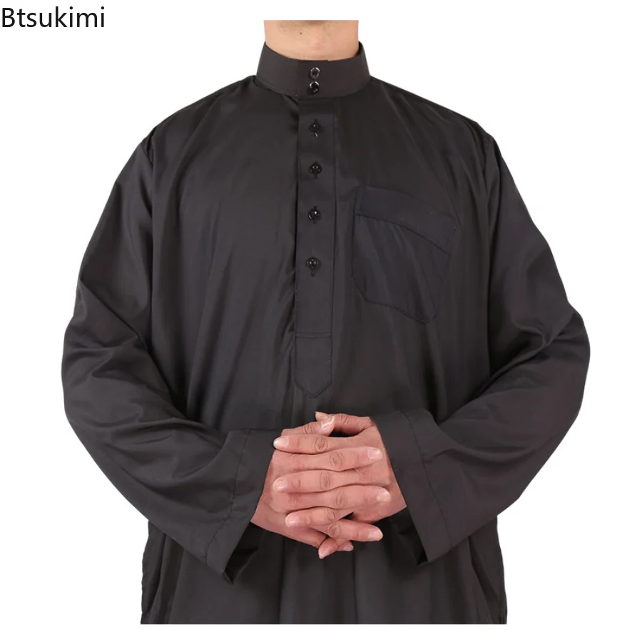 Muslim Fashion Men Jubba Thobe Black Long Sleeve Dress Ramadan Eid Dishdasha Arab Kaftans Robe Open Button Middle East Abayas