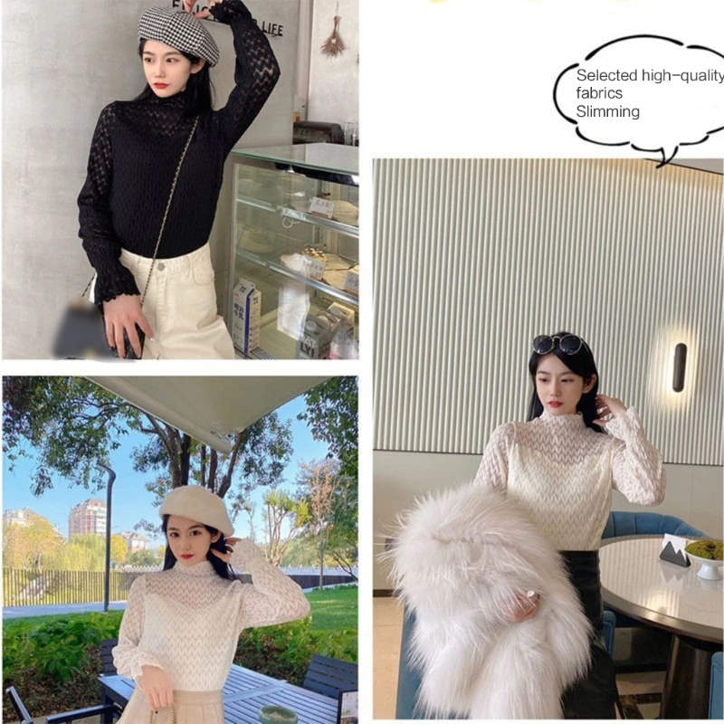 

Женский топ с высоким воротником, приталенные рубашки с длинным рукавом, бархатная утепленная сетчатая Кружевная футболка