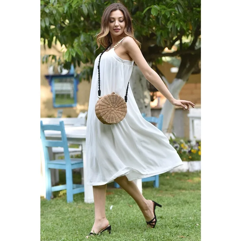 

White Beads Detail Rope Strap Dress Women Summer Dress Casual Long Prom Midi Maxi