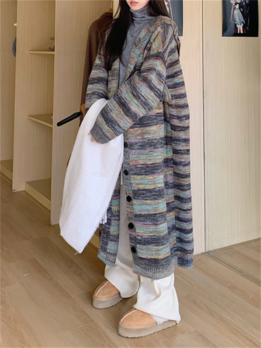 Зимние длинные свитера PLAMTEE в полоску женские шикарные вязаные приталенные