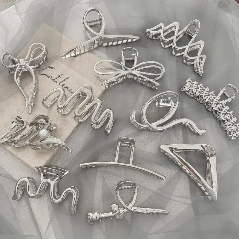 

Silver Metal Hair Grab Clip Women Girls Trendy Large Premium Shark Clip Hairpins Party Hair Accessories Headdress Summer Jewelry