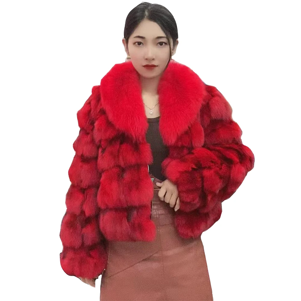 Enlarge Winter Women Real Fur Coat Natural Fox Fur Jacket Large Genuine Fox Fur Collar Fashion Streetwear Thick Warm Top Ladies Overcoat