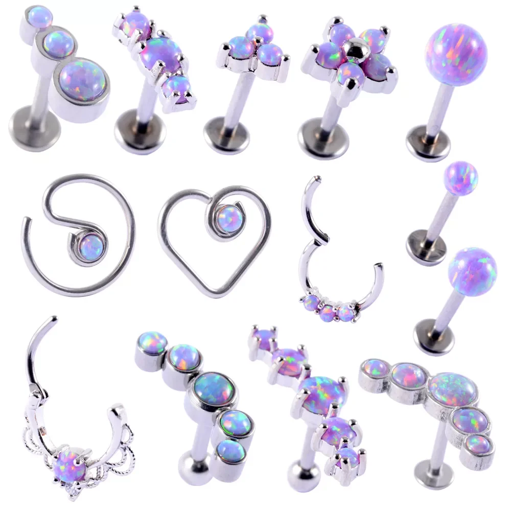 

Opal38 Cluster Ear Tragus Helix Cartilage Piercing Surgical Steel Opal Nose Ring Septum Clicker Daith Earring Labret Jewelry