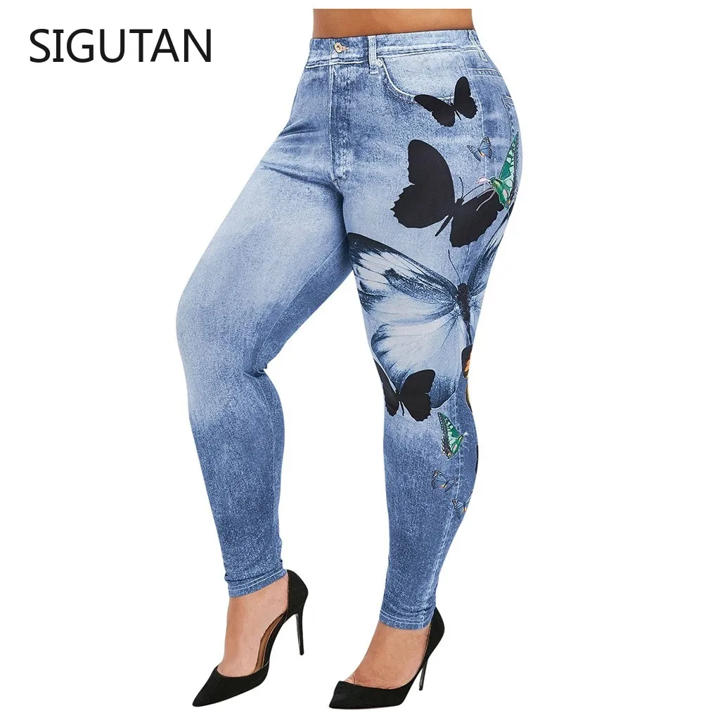 

WomenPlus Size Casual Imitation Cowboy Leggings Elasticity Slim Cropped Pants Stretching Large Size 5XL Butterfly Print Leggins