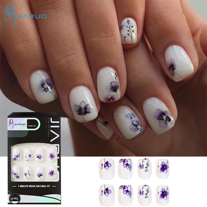 

JIARUO 24 шт./коркор. Короткие квадратные наклейки на искусство ногтей Y2k виньетта чернила фиолетовый цветок мини гвозди водонепроницаемые съем...
