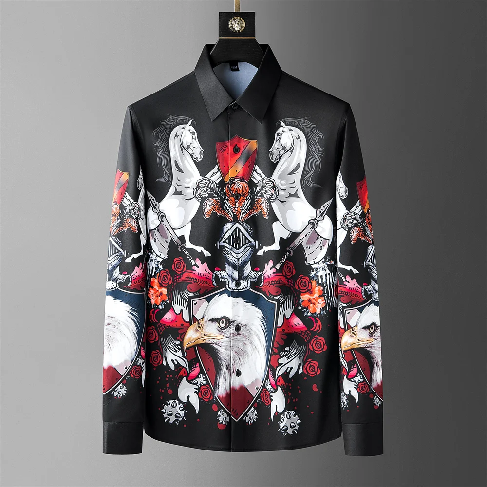 

Luxury Vintage Print Shirts for Men Long Sleeve Slim Camisa Masculina Business Casual Dress Shirts Social Party Tuxedo Blouse
